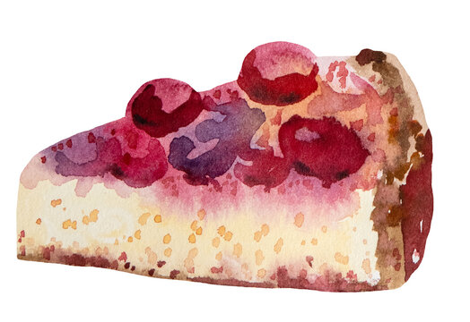 Piece of strawberry or cherry cheesecake with jam isolated watercolor illustration, baked goods