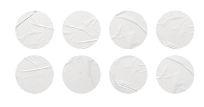 White stickers mockup. Blank labels of different shapes, circle wrinkled paper emblems. Copy space. Stickers or patches for preview tags, labels
