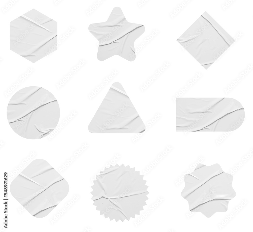 Aufkleber white stickers mockup. blank labels of different shapes, circle wrinkled paper emblems. copy space. 