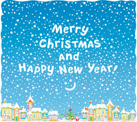 Merry Christmas and happy New Year card with colorful houses of a pretty toy town on a snowy winter day, vector cartoon illustration