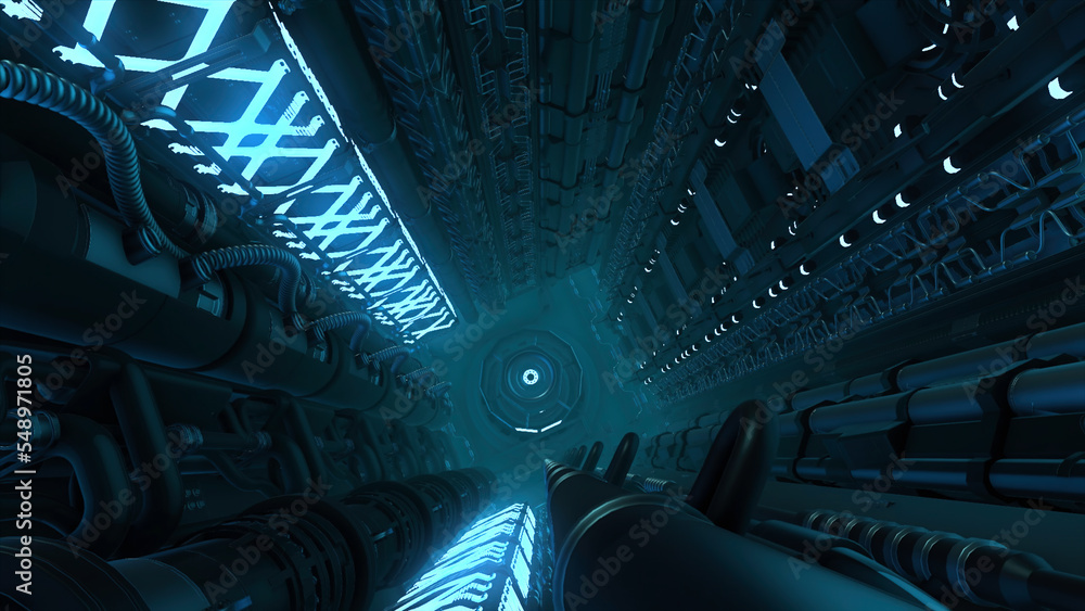 Poster corridor with pipes and lines in futuristic ship. motion. tunnel with neon lines and technological p