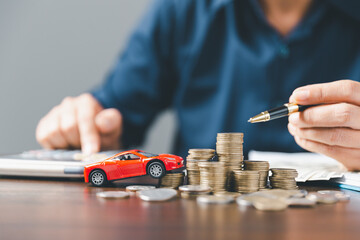 Concept of car insurance business, saving buy - sale with tax and loan for new car. Car toy vehicle...