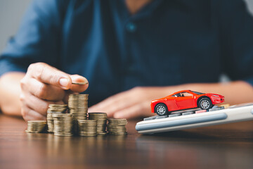 Concept of car insurance business, saving buy - sale with tax and loan for new car. Car toy vehicle...