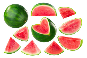 Watermelon, a fruit of Citrullus lanatus, whole, cut, slices and pieces, isolated png