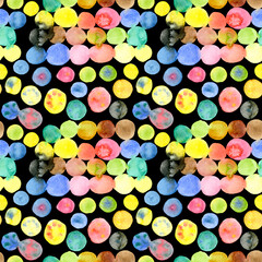 Seamless pattern of colorful watercolour dots. Hand drawn illustration on black background.