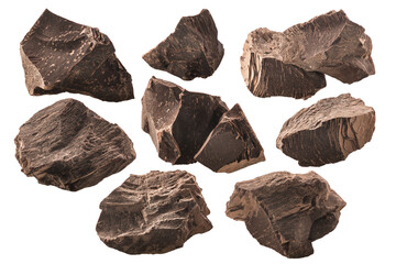 Chunks of roughly crushed chocolate or solid cocoa mass, isolated png