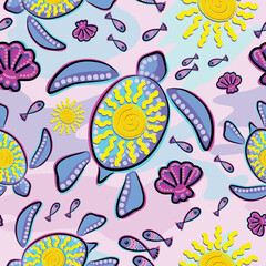 Meeresschildkröte und Sonne abstrakter Glitch UV-Symbol Vektor nahtloses Muster