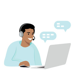 Fototapeta na wymiar Indian guy in headphones with laptop, call center worker, online, home office, flat vector, isolated on white