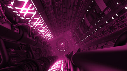 Corridor with pipes and lines in futuristic ship. Motion. Tunnel with neon lines and technological pipes. Futuristic spaceship technology