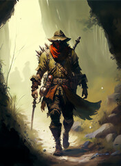 rugged warrior preparing an ambush, fantasy art