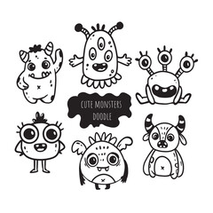 set of cute cartoon monsters in doodle style.Vector illustration