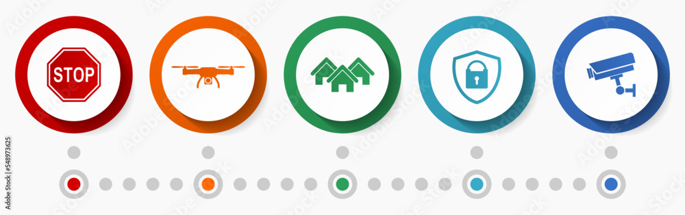 Poster home security vector icon set, cctv camera flat design web buttons, infographic template