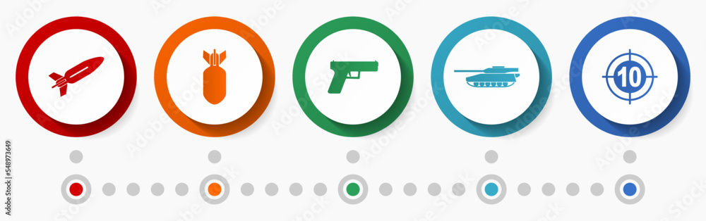 Poster war vector icon set, army concept flat design web buttons, military infographic template