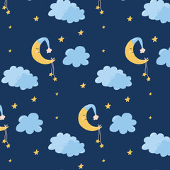 Obraz na płótnie Canvas Cute childish seamless pattern with moon, clouds and stars. Pattern for childrens pajamas. Good night. Vector illustration hand drawn cartoon style.