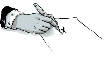 Hand macht ein Kreuz für Wahl oder Vertrag