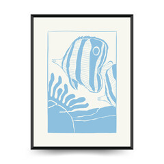 Abstract ocean and sea posters template. Modern sea Botanical trendy black style. Vintage seaweed, fish, shell. Ink wall  art.