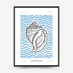 Abstract ocean and sea posters template. Modern sea Botanical trendy black style. Vintage seaweed, fish, shell. Ink wall  art.