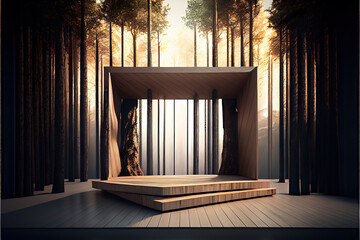 wooden product display podium for luxury product advertisement, summer forest environment in the background