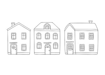 House exterior outside set, doodle line style. Collection hand drawn building interior. Vector illustration