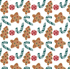 Pattern Christmas with gingerbread in the form of a Christmas tree and a star with sprinkles, lollipops and candy cane on a white background.