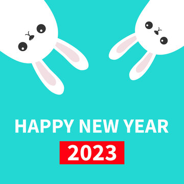 Happy Chinese New Year 2023. The year of the rabbit. Two white bunny hanging upside down. Picaboo. Flat design. Funny head face. Cute kawaii cartoon character. Baby greeting card. Blue background.