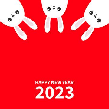 Happy Chinese New Year 2023. The year of the rabbit. Three white bunny hanging upside down. Picaboo. Flat design. Funny head face. Cute kawaii cartoon character. Baby greeting card. Red background.