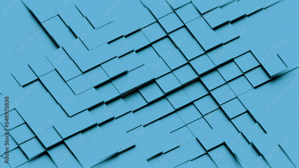 Poster blue squared moving 3d tiles pattern. design. texture of waving cubes creating rippling background.