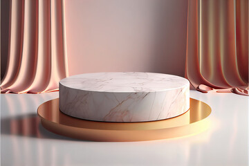 white marble product podium display for luxury product presentation, beautiful golden decoration in the background