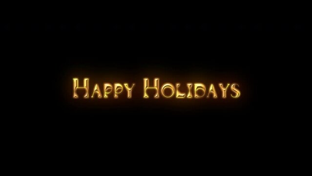 Happy Holidays tittle animation on a black background with particles.Happy New Year 2023 Greetings Card Abstract Blinking Sparkle Glitter Particle. Merry Christmas. Gold and black