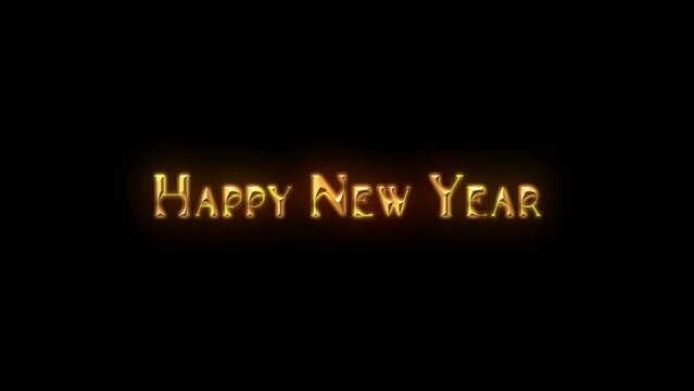 Happy New Year tittle animation on a black background with particles. Happy New Year 2023 Greetings Card Abstract Blinking Sparkle Glitter Particle. Merry Christmas. Gold and black
