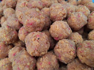 Indian Sweet laddu. Also Know as Bundi Laddu Are Made of Very Small Gram Flour Balls or Boondis Which Are Deep Fried. Traditional dessert for Hindu festivals  Dussehra and Diwali. Besan laddoo.
