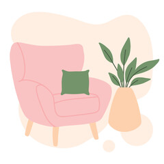 Modern living room interior. Decor elements for a modern interior. An armchair with a bedside and room seating. Vector illustration hand drawn in cartoon style.