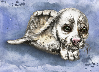 A fluffy white seal waving its paw in the snow. Watercolor drawing of cute animals.