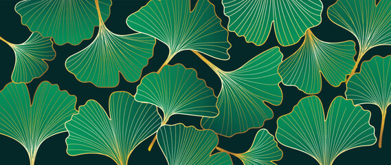Luxury tropical leaves line art background vector. Elegant hand drawn ginkgo leaves gold line art background. Design illustration for decoration, wall decor, wallpaper, cover, banner, poster, card.