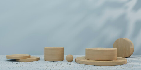 3D rendering, Brown wood podium, Cosmetic display stand on blue background. presentation backdrop.