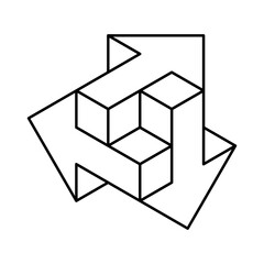 Linear impossible arrows. Three 3D arrows make union. Mobile app design element. Creative business logo. Choosing right direction concept. Making decision or choice. Vector illustration, clip art. 