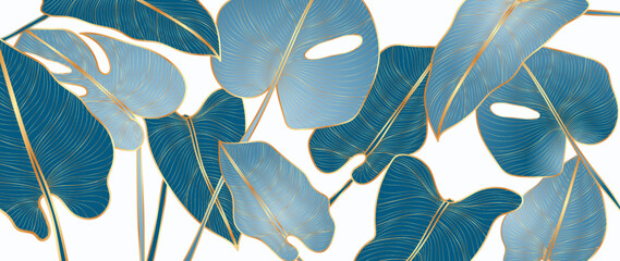 Luxury tropical leaves line art background vector. Elegant hand drawn monstera leaves gold line art background. Design illustration for decoration, wall decor, wallpaper, cover, banner, poster, card. © TWINS DESIGN STUDIO