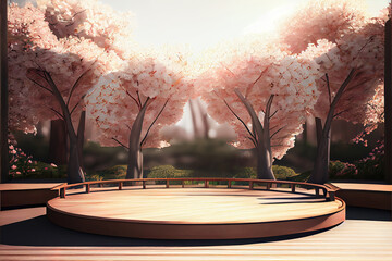 Fototapeta na wymiar wooden product podium display for product presentation, beautiful blossoming cherry sakura garden in the background