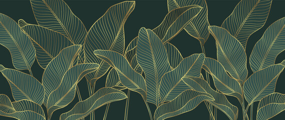 Fototapeta premium Luxury tropical leaves line art background vector. Elegant hand drawn tropical foliage gold line art background. Design illustration for decoration, wall decor, wallpaper, cover, banner, poster, card.