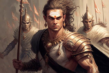 AI generated image of Hindu god Karthikeya, also known as Subramanya or Muruga, leading his army into a battle against evil 
