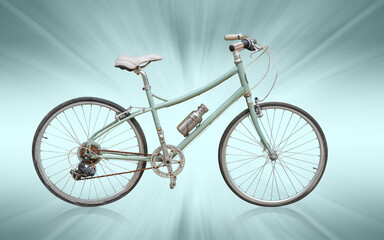 Fototapeta na wymiar side view antique green and white bicycle on blue motion and speed background, object, decor, transport, banner, copy space