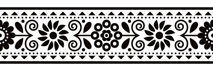 Floral folk art vector seamless embroidery band or belt pattern inspired by traditional designs Lachy Sadeckie from Poland - black and white textile or fabric print ornament
- 548978057
