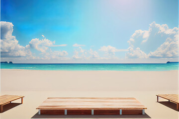 wooden product podium display for luxury summer product presentation, beautiful sandy beach and clear blue sky in the background