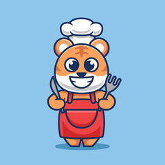 Cute Tiger chef with fork and knife in hand cartoon vector illustration. Food animals and restaurant icons.