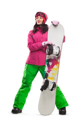 beautiful woman with snowboard in studio on isolated background.