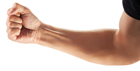 a strong man's hand bent into a fist. Boxing, kick