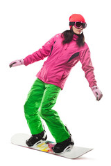 beautiful woman with snowboard in studio on isolated background.