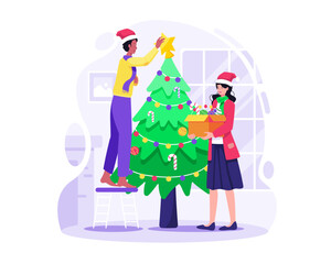 The couple is decorating a Christmas tree together at Home. A man is putting a star on the Christmas tree and a woman is bringing a box of decorations. Vector illustration in flat style