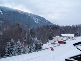 Snowy road in the mountains of Norway