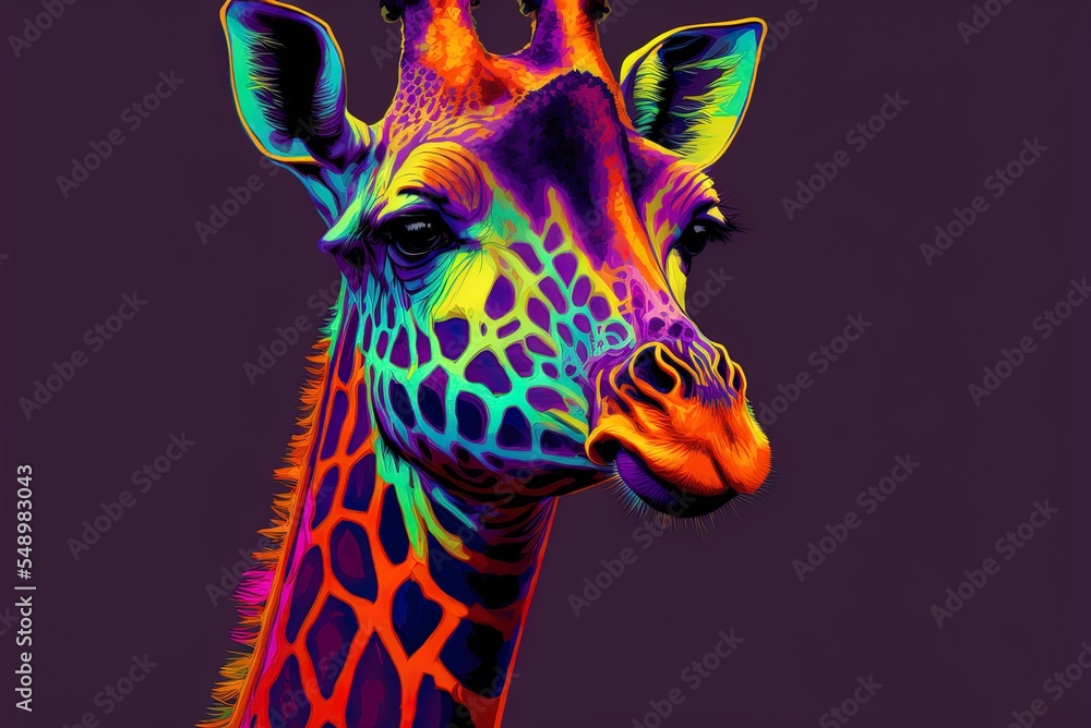 Poster giraffe is depicted in neon colors against a black background in a pop art style that features splat